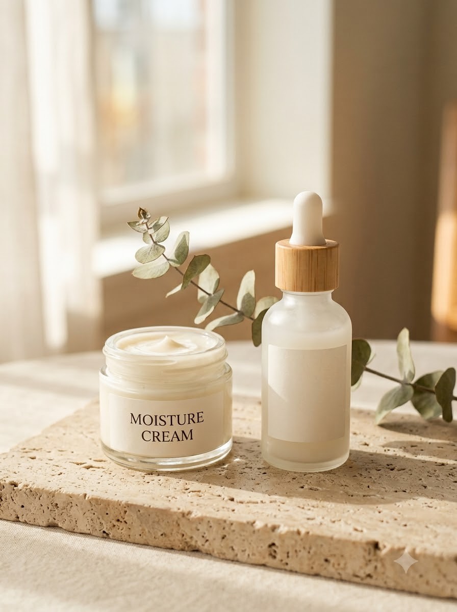 A moisture cream jar and a glass dropper serum bottle on a travertine slab with a eucalyptus sprig