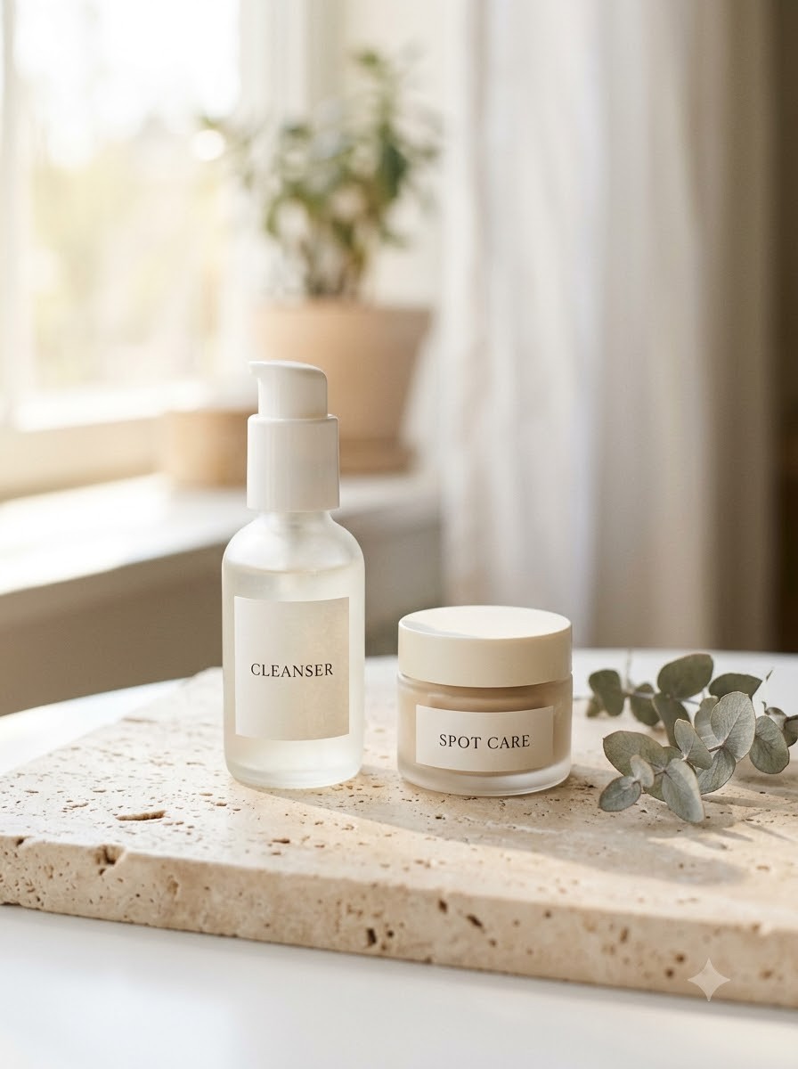 A frosted glass cleanser pump bottle and a small spot-care jar on a travertine slab with a eucalyptus sprig