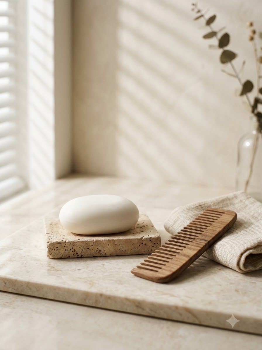 A plain white bar of soap on a travertine dish beside a wooden comb and a linen towel in soft window light