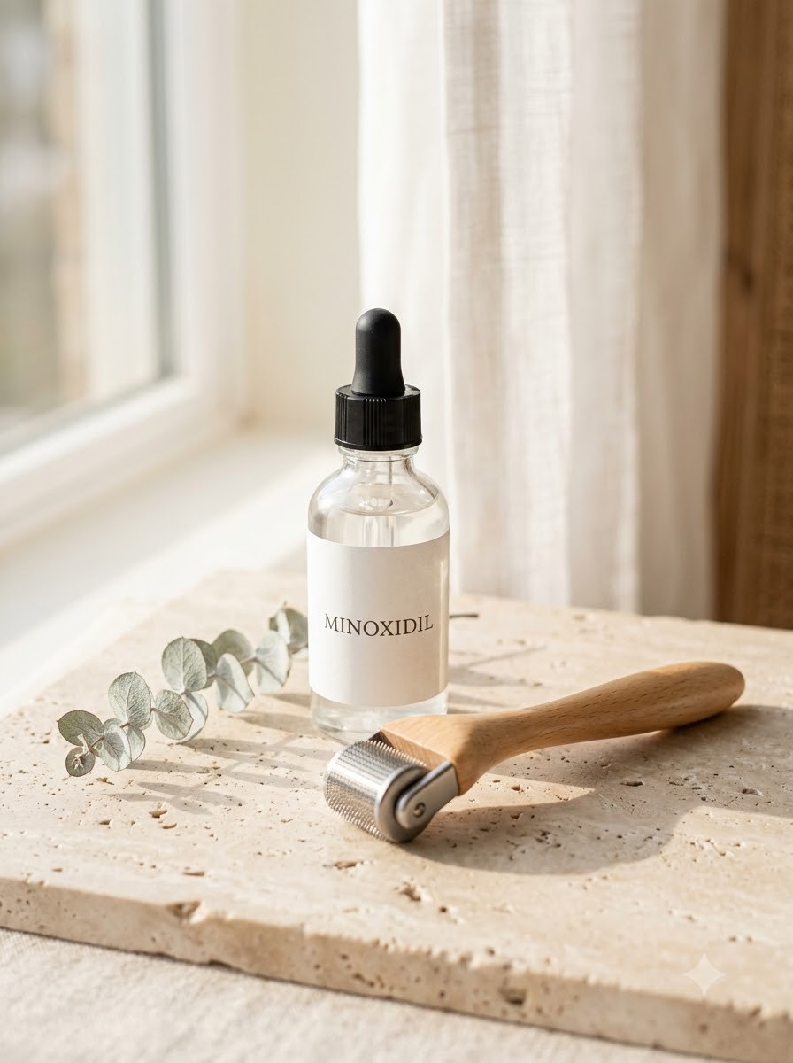 A microneedling derma roller beside a glass dropper bottle labelled minoxidil on a travertine slab with a eucalyptus sprig