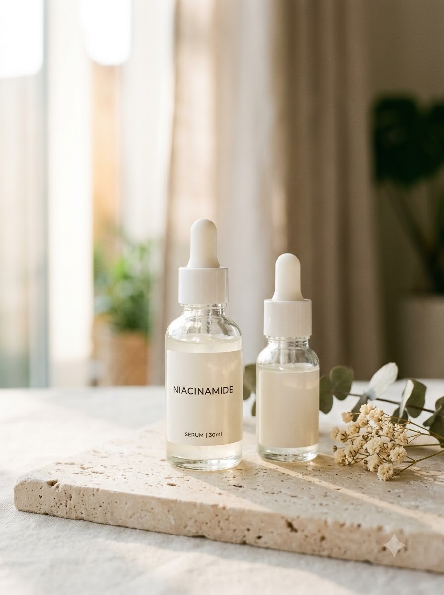 Two glass dropper bottles labelled niacinamide serum on a travertine slab beside dried baby's breath and eucalyptus