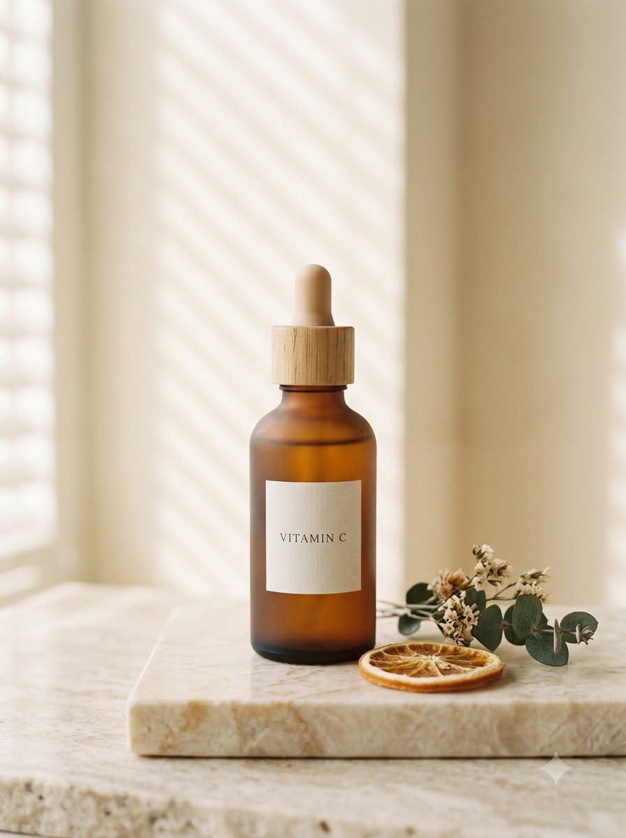 An amber glass dropper bottle labelled vitamin C on a cream marble slab beside a dried orange slice