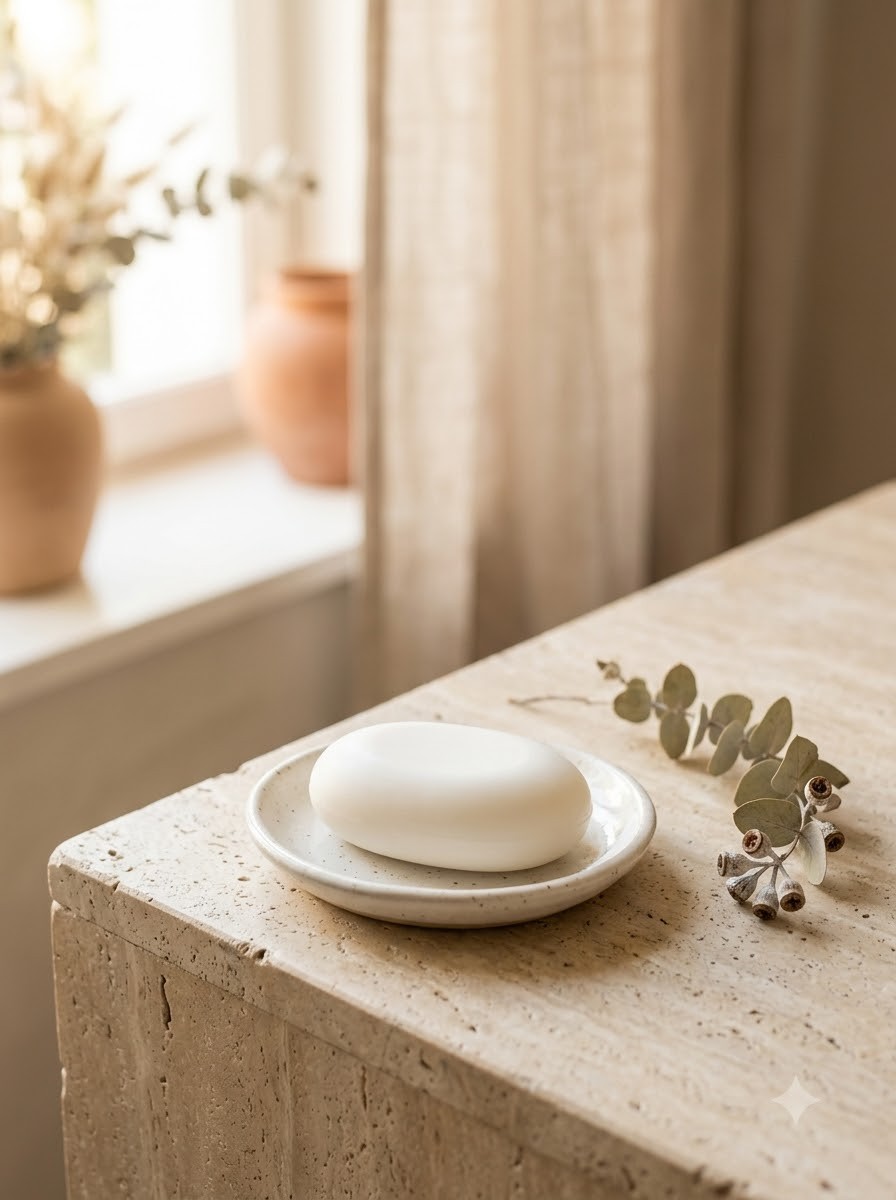 A plain white soap bar on a small ceramic dish on a travertine surface with a eucalyptus sprig